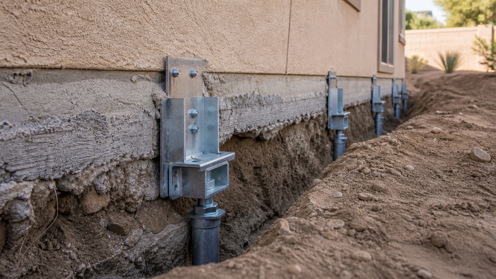 Illustrative view of steel pier brackets supporting an exposed foundation along the side of a house