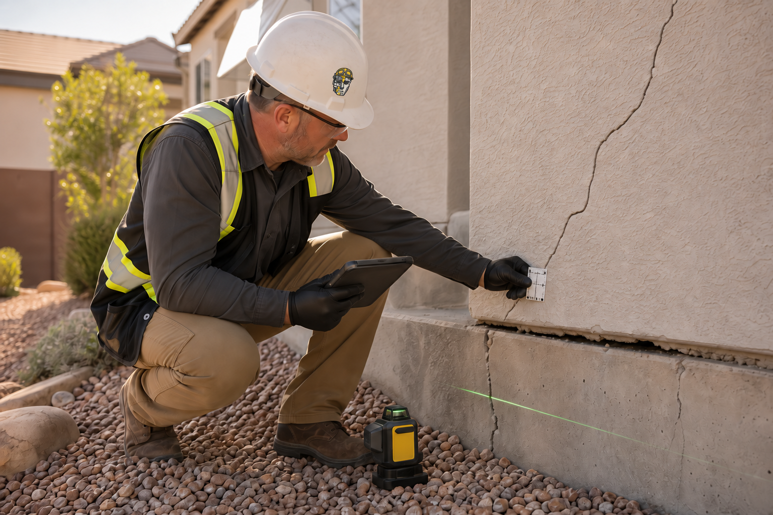 Structural inspector measuring a stucco wall crack and foundation elevation at a Nevada home