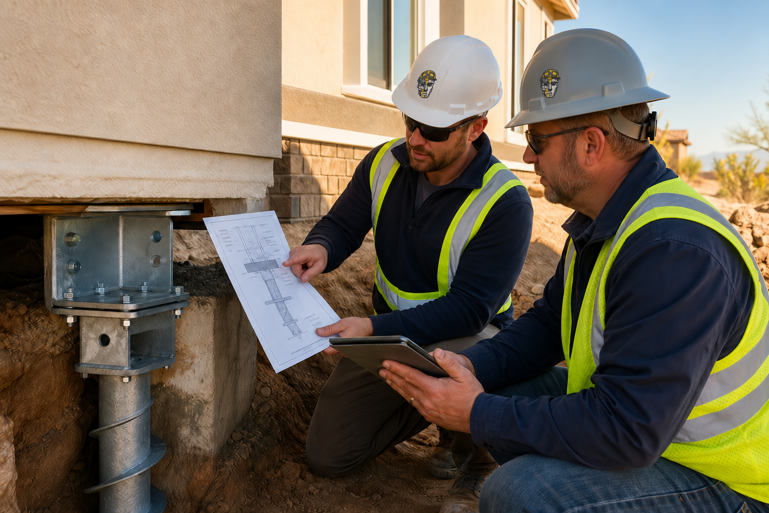Engineer and field superintendent coordinating an underpinning connection beside an exposed footing