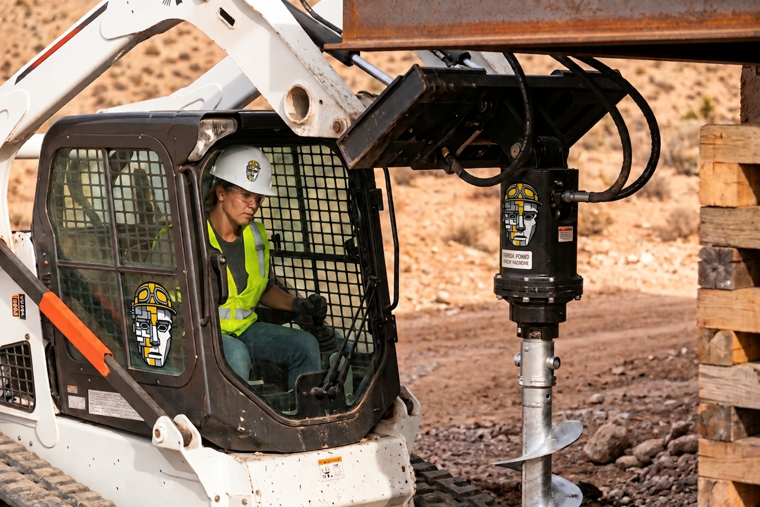 Equipment operator installing a helical foundation pier beneath a steel support beam